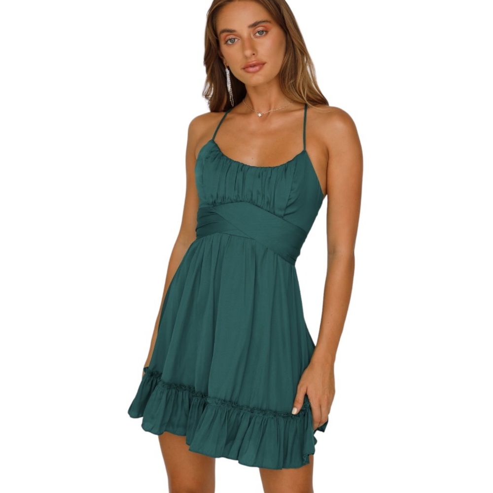 NWT Hello Molly Sipping Mezcal Forest Green Tie Waist Bow Detail Mini Dress - L